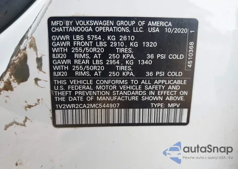 2021 Volkswagen Atlas 3.6L V6 Se W/Technology from USA, damaged, VIN 1V2WR2CA2MC544907